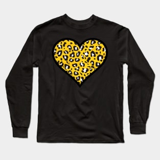 Mustard Yellow, Black and White Leopard Print Heart Long Sleeve T-Shirt